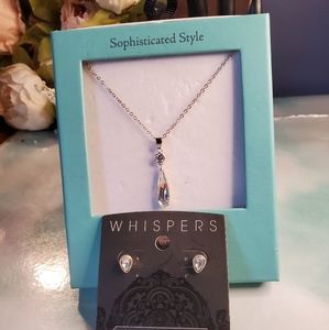 💖 Teardrop silvertone 16" necklace with Whispers  crystal stud earrings